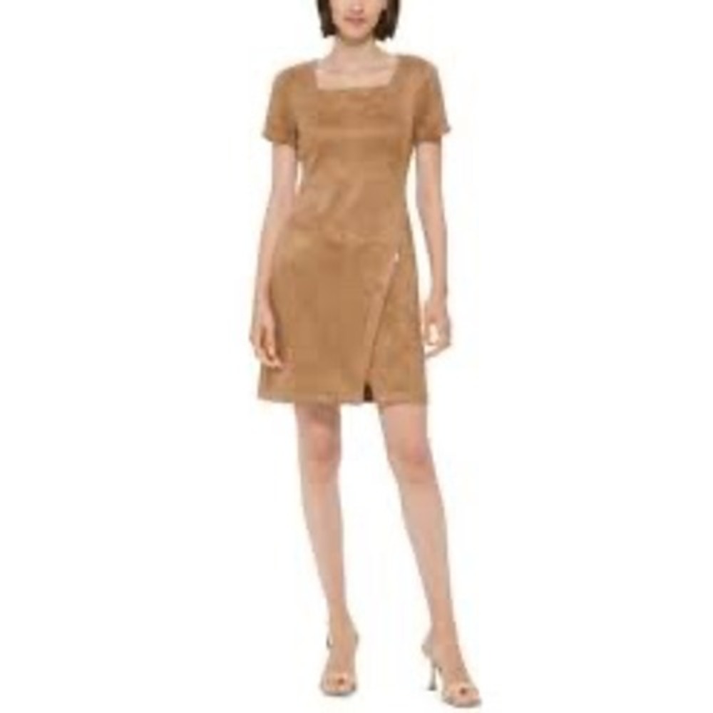 Calvin Klein Beige Faux Suede Zip Detail Sheath Mini Dress, Size 14